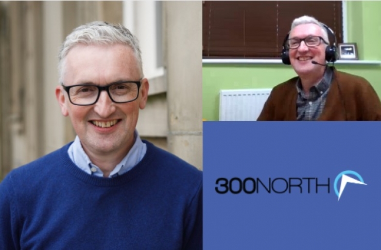 Collage: Mark Whittaker professional photo, Mark Whittaker in interview, 300 North Logo