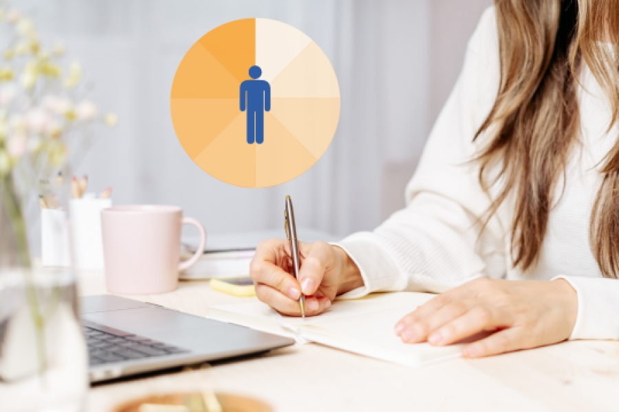 Woman in office at desk overlain with disc coloured in a gradient with a silhouette in the middle to show different personalities