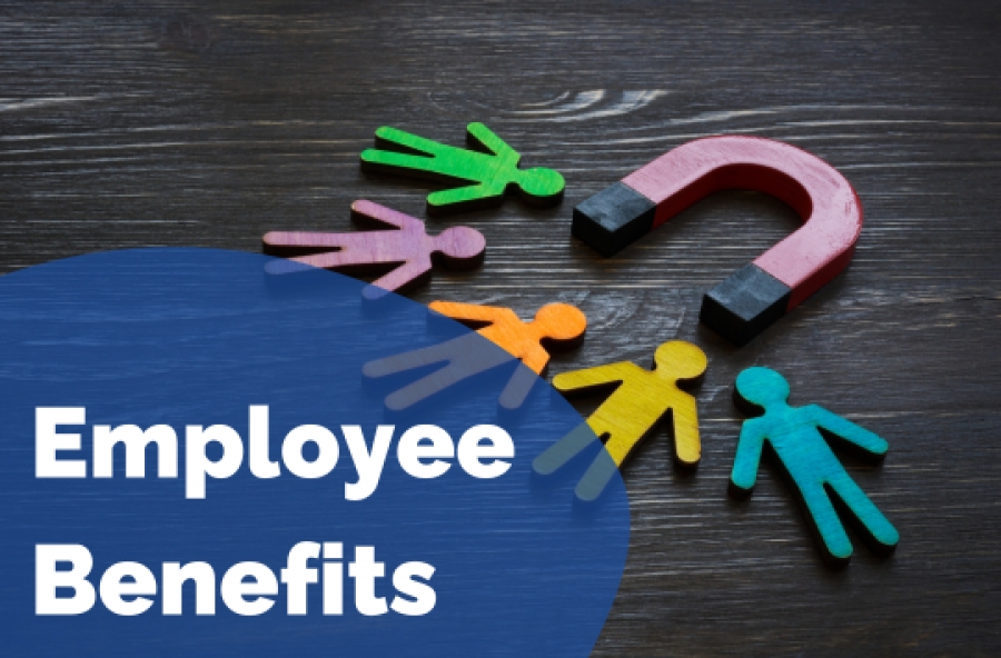 A group of 5 stick figures are being pulled towards a magnet (stylised) - in the bottom left corner there is a circular shape and overlain are the words &quot;Employee Benefits&quot;